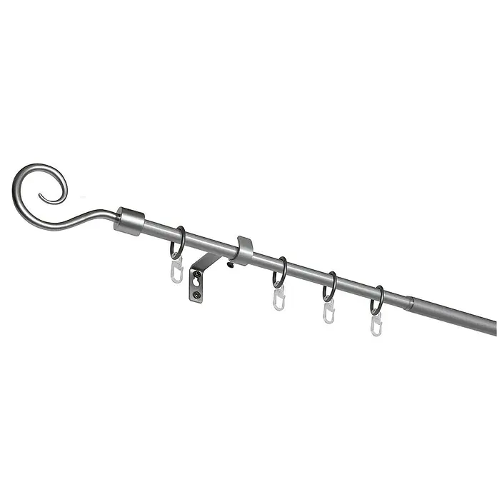 Expo Ambiente Stilgarnitur Hook - Länge Gardinenstange: 130 cm - 240 cm, Durchmesser: 13 mm - 16 mm, Silber - Silberne Gardinenstange mit dekorativem Endstück und Ringen zur Aufhängung von Vorhängen. Praktisches Zubehör für stilvolle Fensterdekoration.