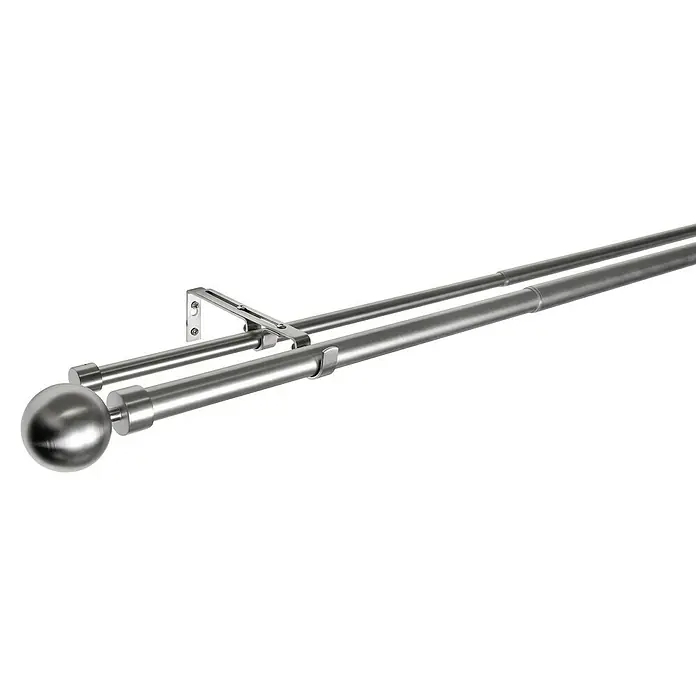 Komplettgarnitur Habito-Ball-Classic - Edelstahloptik, Länge Gardinenstange: 190 cm - 360 cm, 2 Stk. - Doppelte Gardinenstange mit Endkappen in Kugelform und Wandhalterung. Für eine elegante Fensterdekoration mit mehreren Stofflagen.