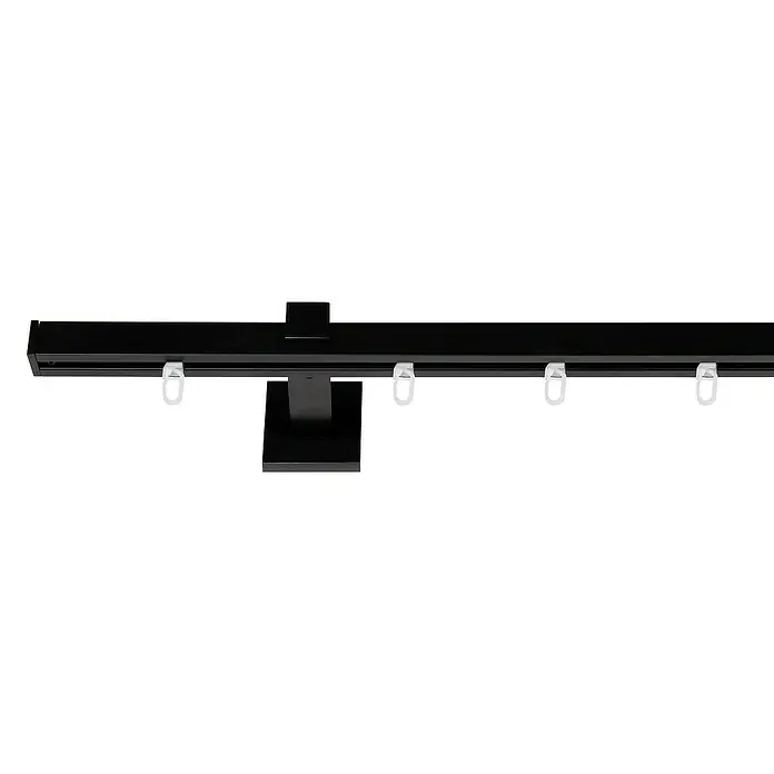 Stilgarnitur Innenläufig Square - Länge Gardinenstange: 160 cm, Schwarz - Schwarze Vorhangschiene mit weißen Haken für Gardinen oder Vorhänge, ideal für moderne Wohnräume.