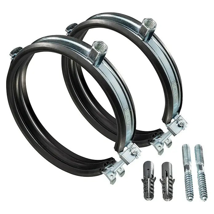 Click-Rohrschellen-Set - Durchmesser: 108 mm - 115 mm, 2 Stk. - Rohrschellen-Set mit Gummieinlage zur sicheren Befestigung von Rohren, inklusive Dübel und Gewindestangen für die Wandmontage.