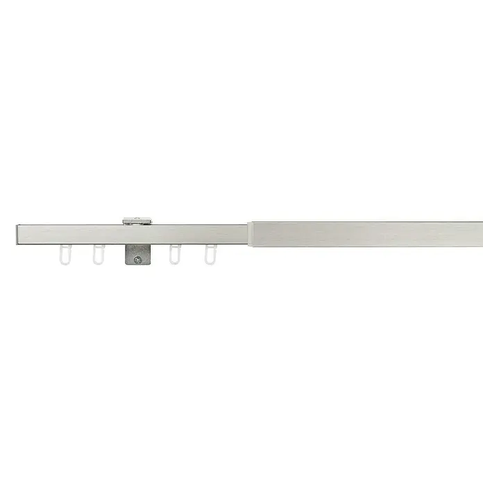 Komplettgarnitur All-in - Edelstahloptik, Länge Gardinenstange: 120 cm - 210 cm - Detailaufnahme einer Gardinenschiene mit Gleitern und Befestigungselementen in silberner Ausführung, ideal für moderne Fensterdekorationen.