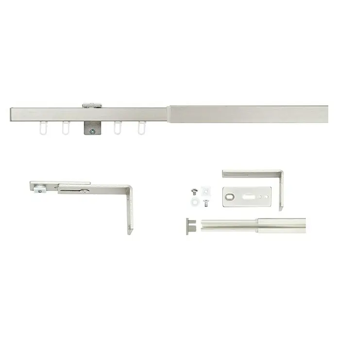Komplettgarnitur All-in - Edelstahloptik, Länge Gardinenstange: 120 cm - 210 cm - Das Bild zeigt eine Gardinenstange mit Zubehör, inklusive Halterungen, Schrauben und anderen Befestigungselementen für eine einfache Montage.