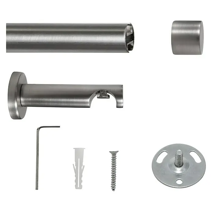 Stilgarnitur - Länge Gardinenstange: 160 cm, Edelstahloptik - Edelstahl Gardinenstange Set mit Endstücken, Halterung, Schrauben, Dübeln und Inbusschlüssel für eine einfache und sichere Montage.