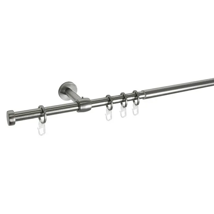 Expo Ambiente Stilgarnitur Cap-Noble - Edelstahloptik, Länge Gardinenstange: 120 cm - 210 cm - Eine Gardinenstange aus Metall mit Ringen und Haken, ideal für die Fensterdekoration und zur Aufhängung von Vorhängen.