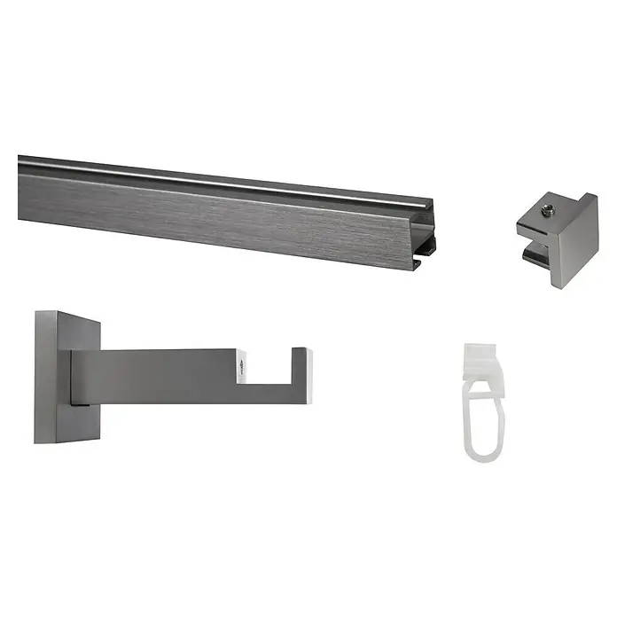 Stilgarnitur Innenläufig Square - Länge Gardinenstange: 240 cm, Edelstahl - Produktansicht eines Gardinenstangensystems, bestehend aus Schiene, Halterung, Träger und Gleiter. Die Komponenten sind aus Metall bzw. Kunststoff.