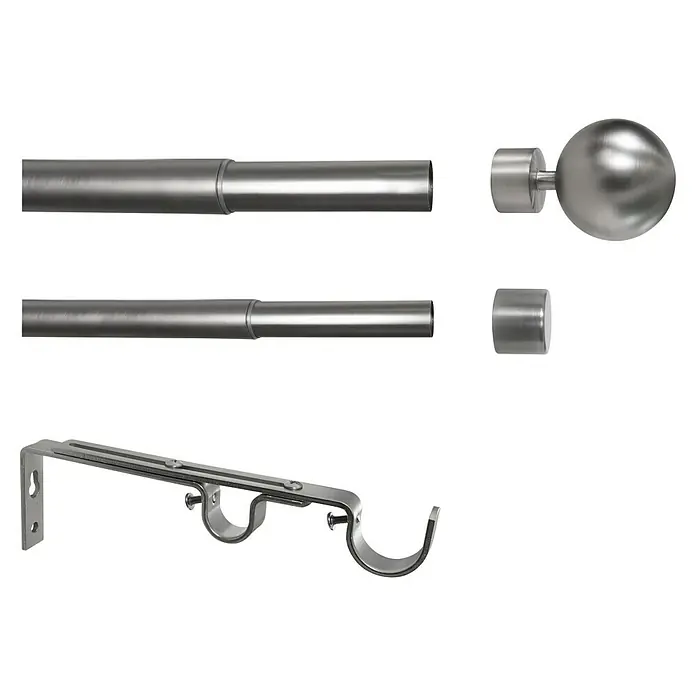 Komplettgarnitur Habito-Ball-Classic - Edelstahloptik, Länge Gardinenstange: 190 cm - 360 cm, 2 Stk. - Zweigeteilte Gardinenstange mit Endstücken und Wandhalterung. Das elegante Set für eine stilvolle Fensterdekoration in jedem Raum.