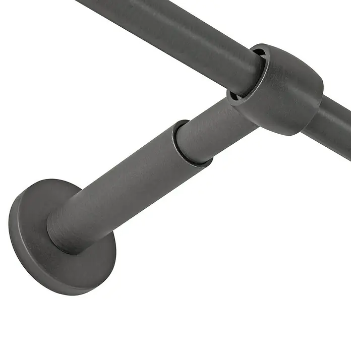 Stilgarnitur Cap-Noble - Länge Gardinenstange: 120 cm - 210 cm, Brushed Schawarz - Nahaufnahme einer dunkelgrauen Duschstange mit Halterung. Ideal für stilvolle Badezimmer und als praktische Lösung zur Handtuchaufbewahrung.