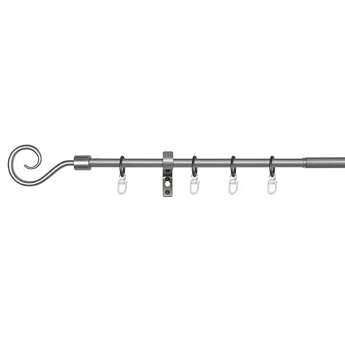 Expo Ambiente Stilgarnitur Hook - Länge Gardinenstange: 130 cm - 240 cm, Durchmesser: 13 mm - 16 mm, Silber - Metallgardinenstange mit dekorativem Endstück und Ringen mit Clips zur Befestigung von Vorhängen.