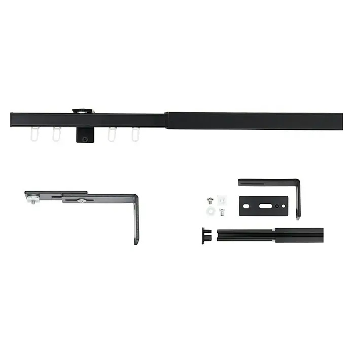 Komplettgarnitur All-in - Schwarz, Länge Gardinenstange: 160 cm - 280 cm - Darstellung einer Gardinenschiene mit Zubehör, ideal für die moderne Fensterdekoration.