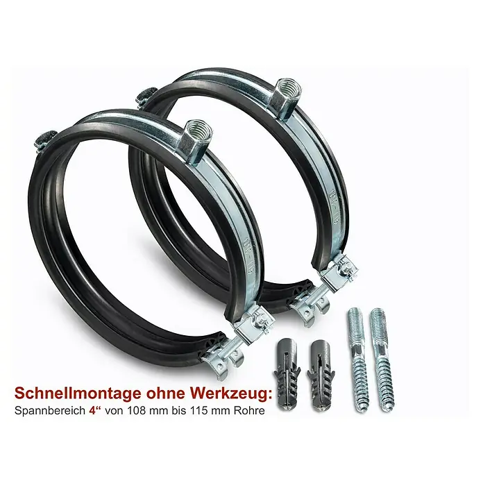 Click-Rohrschellen-Set - Durchmesser: 108 mm - 115 mm, 2 Stk. - Rohrschellen zur schnellen Montage ohne Werkzeug für Rohre von 108 mm bis 115 mm, inklusive Dübel und Gewindestangen.