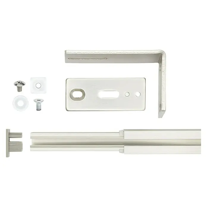 Komplettgarnitur All-in - Edelstahloptik, Länge Gardinenstange: 120 cm - 210 cm - Detailaufnahme eines weißen Aluminium-Vorhangschienen-Sets mit Schrauben und Halterungen für die Wandmontage.