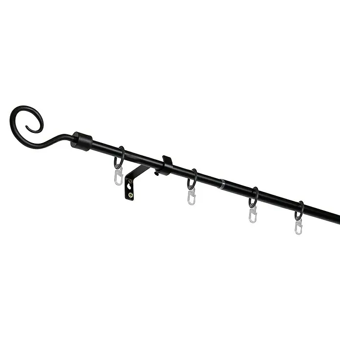 Expo Ambiente Stilgarnitur Hook - Länge Gardinenstange: 130 cm - 240 cm, Durchmesser: 13 mm - 16 mm, Schwarz - Eine schwarze Gardinenstange mit dekorativen Endstücken und Ringen für die Aufhängung von Gardinen, ideal für stilvolle Fensterdekoration.