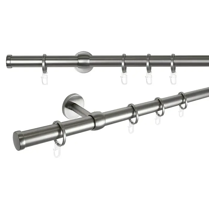 Expo Ambiente Stilgarnitur Cap-Noble - Edelstahloptik, Länge Gardinenstange: 160 cm - 280 cm - Zwei silberne Vorhangstangen mit Halterungen und Ringen zur Aufhängung von Vorhängen für eine elegante Fensterdekoration.