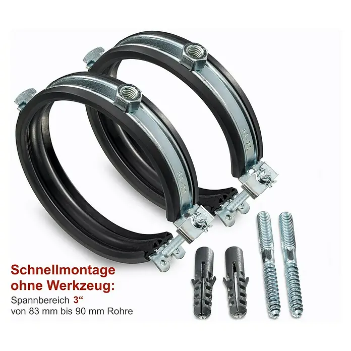 Click-Rohrschellen-Set - Durchmesser: 83 mm - 91 mm, 2 Stk. - Rohrschellen-Set zur schnellen Montage von Rohren mit einem Durchmesser von 83 bis 90 mm, inklusive Dübel und Gewindestifte für die Befestigung.