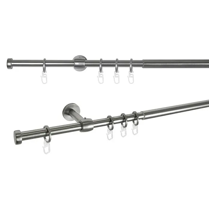 Expo Ambiente Stilgarnitur Cap-Noble - Edelstahloptik, Länge Gardinenstange: 120 cm - 210 cm - Elegante Vorhangstange aus Metall mit Ringen und Endstücken. Das moderne Design passt perfekt zu jedem Einrichtungsstil.