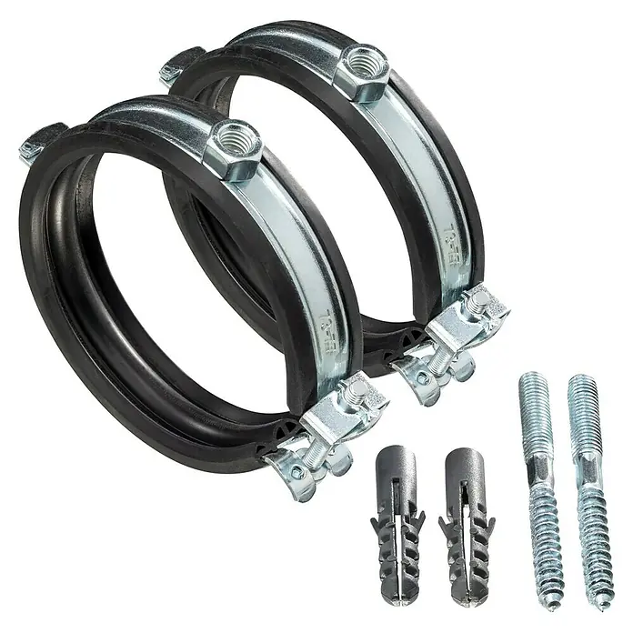 Click-Rohrschellen-Set - Durchmesser: 73 mm - 77 mm, 2 Stk. - Rohrschellen-Set mit Gummieinlage, inklusive Dübeln und Gewindestangen zur einfachen und sicheren Rohrbefestigung.