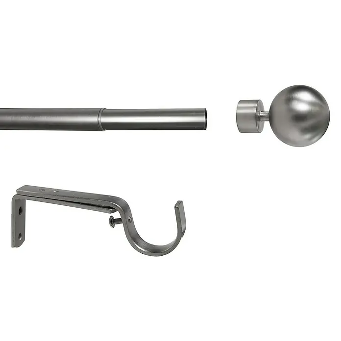 Komplettgarnitur Habito-Ball-Classic - Edelstahloptik, Länge Gardinenstange: 190 cm - 360 cm, 1 Stk. - Nahaufnahme einer Gardinenstange aus gebürstetem Nickel mit Kugelendstück und Wandhalterung.