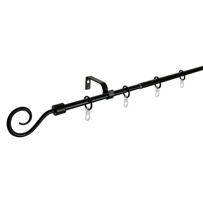 Expo Ambiente Stilgarnitur Hook - Länge Gardinenstange: 130 cm - 240 cm, Durchmesser: 13 mm - 16 mm, Schwarz - Detailaufnahme einer Gardinenstange mit dekorativem Endstück und Aufhängeringen, die für Vorhänge geeignet ist.