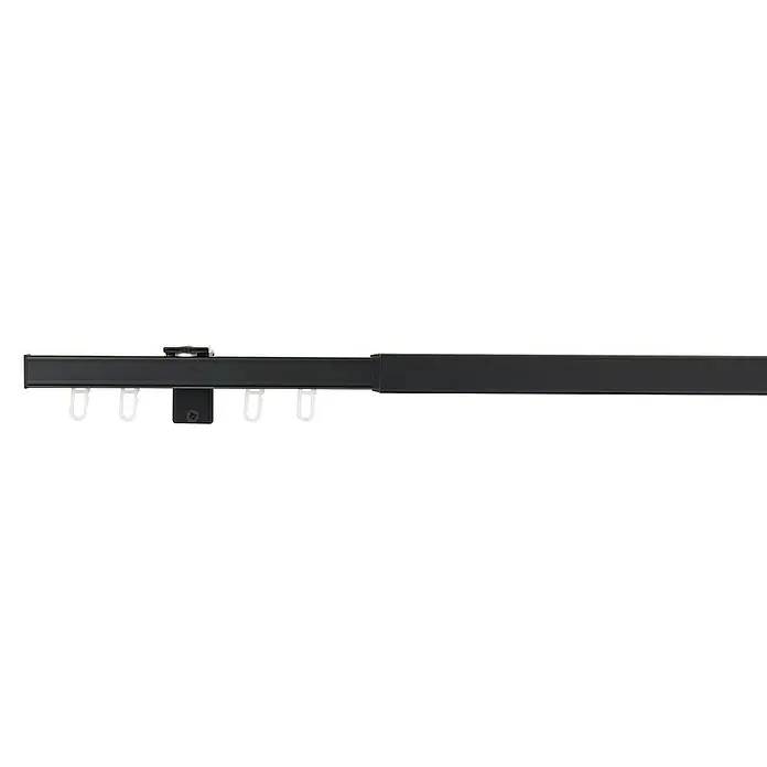 Komplettgarnitur All-in - Schwarz, Länge Gardinenstange: 160 cm - 280 cm - Abgebildete Gardinenstange. Teleskopierbar, in der Farbe Schwarz, und mit praktischen Haken zur einfachen Anbringung der Vorhänge.