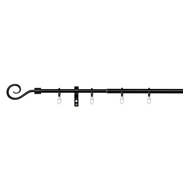 Expo Ambiente Stilgarnitur Hook - Länge Gardinenstange: 130 cm - 240 cm, Durchmesser: 13 mm - 16 mm, Schwarz - Elegante schwarze Gardinenstange mit dekorativen Endstücken und praktischen Aufhängeringen für stilvolle Fensterdekoration.