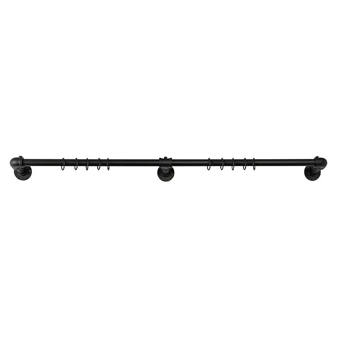 Stilgarnitur Industrial - Schwarz, Länge Gardinenstange: 160 cm - 280 cm - Eine schwarze Gardinenstange aus Metall mit Ringen und Endstücken zur Wandmontage. Robustes Design für eine industrielle Optik.