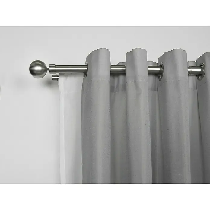 Komplettgarnitur Habito-Ball-Classic - Edelstahloptik, Länge Gardinenstange: 190 cm - 360 cm, 2 Stk. - Dekorative Gardinenstange aus Metall mit grauen Vorhängen. Das Set verleiht jedem Raum einen modernen und eleganten Look.