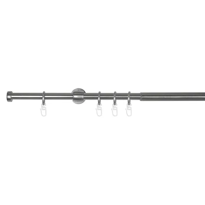 Expo Ambiente Stilgarnitur Cap-Noble - Edelstahloptik, Länge Gardinenstange: 120 cm - 210 cm - Metallgardinenstange mit Endstücken, Ringen und Haken für Vorhänge zur Dekoration von Fenstern im Wohnbereich.