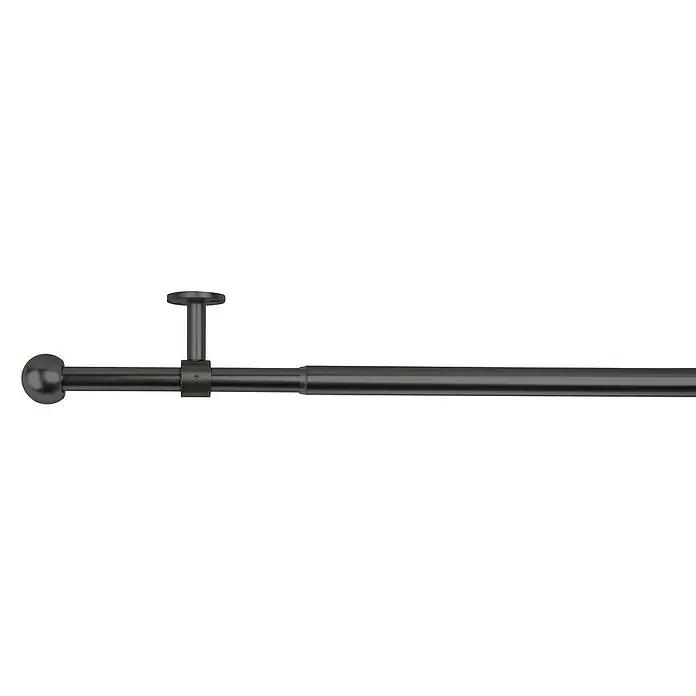 Komplettgarnitur 2in1 - Schwarz, 120 cm - 210 cm, Metall, Ausziehbar - Bild einer schwarzen Gardinenstange mit einer dekorativen Kugel an einem Ende und einer Deckenhalterung.