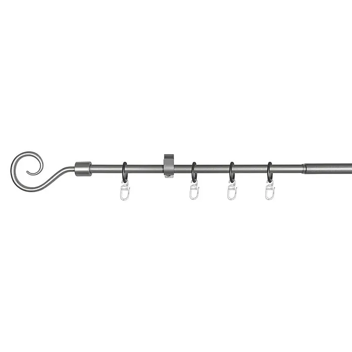 Expo Ambiente Stilgarnitur Hook - Länge Gardinenstange: 130 cm - 240 cm, Durchmesser: 13 mm - 16 mm, Silber - Abgebildete Gardinenstange mit dekorativer Endstück und praktischen Gardinenringen. Ideal für stilvolle Fensterdekorationen.