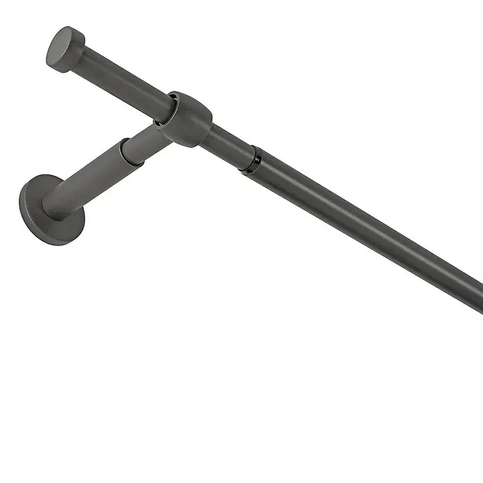 Stilgarnitur Cap-Noble - Länge Gardinenstange: 120 cm - 210 cm, Brushed Schawarz - Nahaufnahme einer grauen, verstellbaren Duschstange aus Metall mit Wandbefestigung, die Funktionalität und modernes Design vereint.