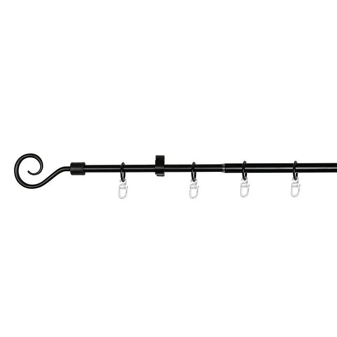 Expo Ambiente Stilgarnitur Hook - Länge Gardinenstange: 130 cm - 240 cm, Durchmesser: 13 mm - 16 mm, Schwarz - Eine schwarze Gardinenstange mit dekorativen Endstücken und silberfarbenen Ringen mit Clips zur Gardinenbefestigung.