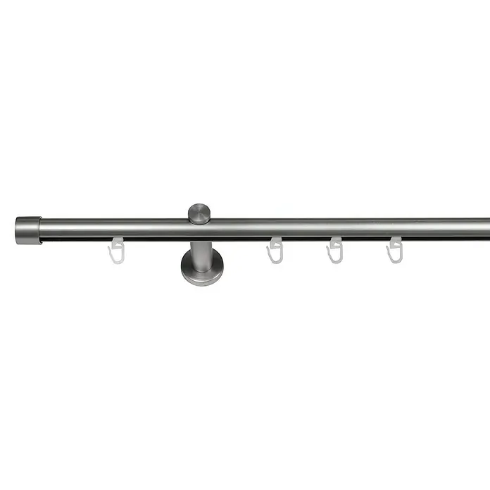 Stilgarnitur - Länge Gardinenstange: 160 cm, Edelstahloptik - Bild einer Gardinenstange aus Metall mit Halterung und Haken, die eine moderne und funktionale Fensterdekoration zeigt.
