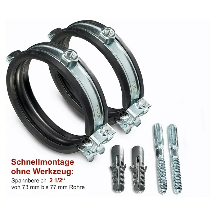 Click-Rohrschellen-Set - Durchmesser: 73 mm - 77 mm, 2 Stk. - Rohrschellen-Set zur schnellen und werkzeuglosen Montage von Rohren mit 73-77 mm Durchmesser. Inklusive Dübel und Schrauben.