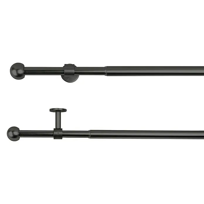 Komplettgarnitur 2in1 - Schwarz, 120 cm - 210 cm, Metall, Ausziehbar - Doppel-Gardinenstange in Schwarz, mit dekorativen Endstücken und Halterungen für eine stilvolle Fensterdekoration.