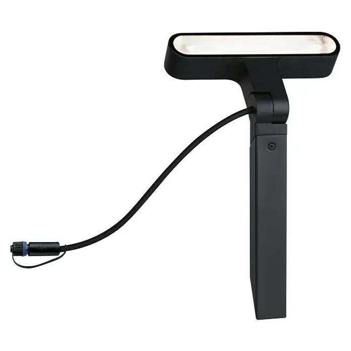Paulmann Plug & Shine LED-Gartenspot Ito - 7,5 W, Warmweiß, L x B x H: 4 x 22,7 x 37,2 cm - Aufnahme einer schwarzen Stehlampe mit einem hellen, rechteckigen Licht.