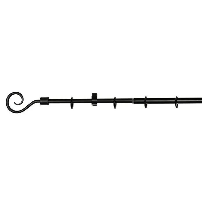 Expo Ambiente Stilgarnitur Hook - Länge Gardinenstange: 130 cm - 240 cm, Durchmesser: 13 mm - 16 mm, Schwarz - Eine schwarze Gardinenstange mit dekorativen Endstücken und Ringen zur Aufhängung von Vorhängen.