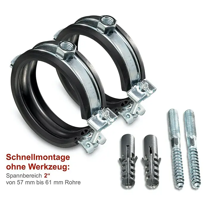 Click-Rohrschellen-Set - Durchmesser: 57 mm - 61 mm, 2 Stk. - Produktbild von zwei Rohrschellen mit Schrauben und Dübeln für die schnelle und werkzeuglose Montage von Rohren mit einem Durchmesser von 57 bis 61 mm.