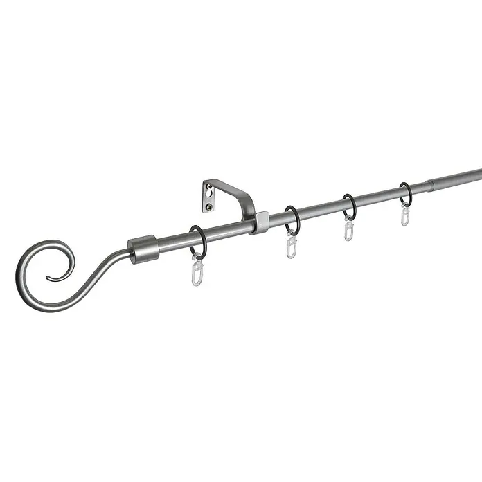 Expo Ambiente Stilgarnitur Hook - Länge Gardinenstange: 130 cm - 240 cm, Durchmesser: 13 mm - 16 mm, Silber - Abgebildet ist eine Gardinenstange mit dekorativem Ende und Halterung, inklusive Ringen zur Aufhängung von Vorhängen.