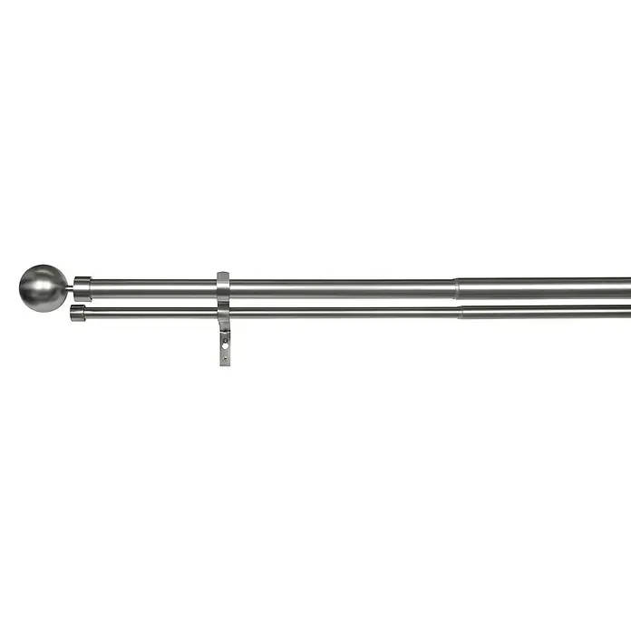 Komplettgarnitur Habito-Ball-Classic - Edelstahloptik, Länge Gardinenstange: 190 cm - 360 cm, 2 Stk. - Doppelte Gardinenstange mit Endkappen in Kugelform und einer Halterung. Die silberne Gardinenstange ist verstellbar und ausziehbar.