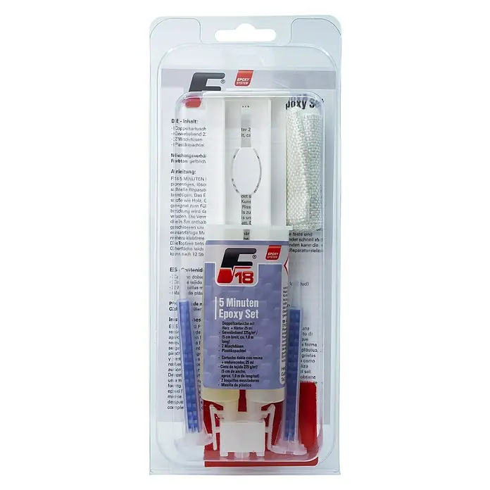 F18 Reparatur-Set - 25 ml - F18 5-Minuten-Epoxy-Set mit Doppelkartusche, Gewebeband, Mischdüsen und Spachtel für schnelle Reparaturen.