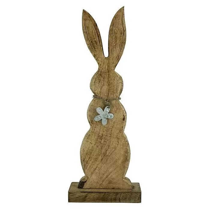 Dekofigur Hase - L x B x H: 15,5 x 5 x 40 cm, Natur, Holz - Hasendekoration aus Holz mit silbernem Blütenanhänger um den Hals gebunden.