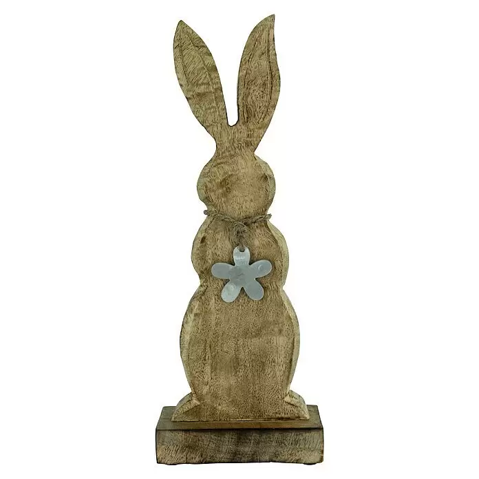 Dekofigur Hase - L x B x H: 11 x 5 x 30 cm, Natur, Holz - Osterhase aus Holz in Naturholzoptik, mit einer Kordel und einem silbernen Blumenanhänger auf einem rechteckigen Sockel.