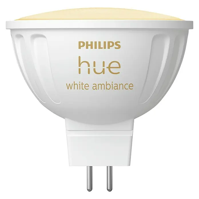 Philips Hue Smart-LED-Lampen Set White Ambiance MR16 - GU5,3, Dimmbar, Neutralweiß, 350 lm, 5,1 W, 1 Stk. - Nahaufnahme einer Philips Hue White Ambiance Glühbirne, die intelligente Beleuchtung für ein stimmungsvolles Zuhause bietet.