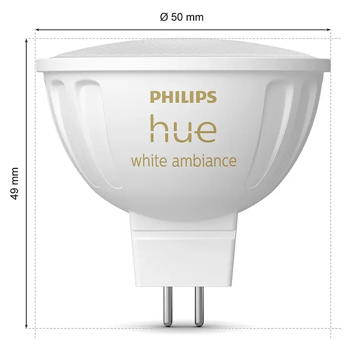 Philips Hue Smart-LED-Lampen Set White Ambiance MR16 - GU5,3, Dimmbar, Neutralweiß, 350 lm, 5,1 W, 1 Stk. - Produktbild der Philips Hue White Ambiance Lampe, mit Abmessungen versehen, die eine klare Vorstellung von Größe und Design vermitteln.
