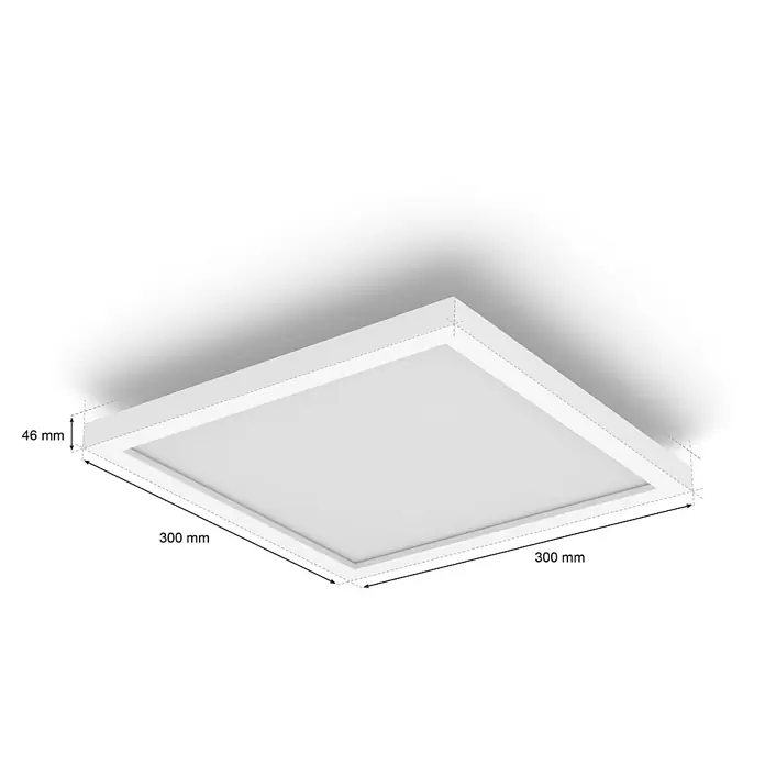 Philips Hue LED-Panel White & Color Ambiance Surimu - Classic - 24,8 W, L x B x H: 30 x 30 x 4,6 cm, Weiß, Opal, RGBW - Quadratische Deckenleuchte in Weiß mit den Maßen 300 x 300 mm und einer Höhe von 46 mm.