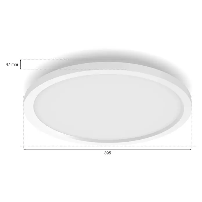 Philips Hue LED-Panel rund Surimu - 45 W, Ø x H: 395 x 4,7 cm, Weiß, Opal, RGBW - Abbildung einer runden LED-Deckenleuchte in Weiß mit den Maßen 395 mm Durchmesser und 47 mm Höhe. Elegantes und minimalistisches Design.