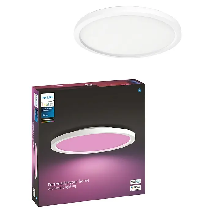 Philips Hue LED-Panel rund Surimu - 45 W, Ø x H: 395 x 4,7 cm, Weiß, Opal, RGBW - Philips Hue Surimu Deckenleuchte, Weiß und Farbe. Intelligente Beleuchtung zur Personalisierung Ihres Zuhauses, kompatibel mit Alexa und Google.