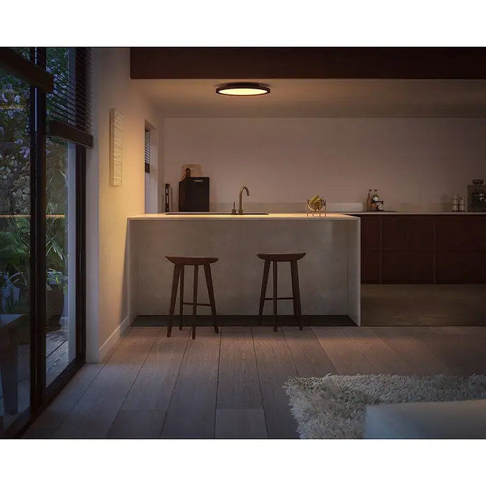 Philips Hue LED-Panel rund Aurelle21 W, Ø x H: 39,5 x 4,7 cm, Schwarz, Warmweiß - Moderne Küchendeckenleuchte mit dunklem Rand, die eine angenehme Atmosphäre in der Küche erzeugt und für ausreichend Licht sorgt.