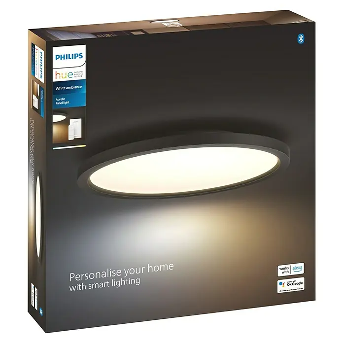 Philips Hue LED-Panel rund Aurelle - 21 W, Ø x H: 39,5 x 4,7 cm, Schwarz, Warmweiß - Ein Philips Hue Aurelle White Ambiance Panel Licht in der Verpackung. Smarte Beleuchtung für ein individuelles Zuhause.