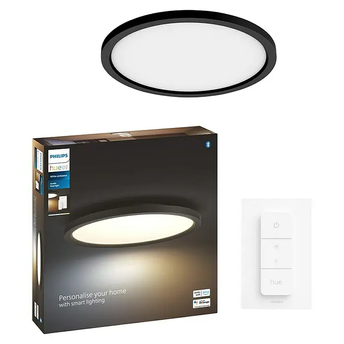 Philips Hue LED-Panel rund Aurelle - 21 W, Ø x H: 39,5 x 4,7 cm, Schwarz, Warmweiß - Das Philips Hue Aurelle Panel: Eine intelligente Deckenleuchte, die sich einfach personalisieren lässt, zusammen mit der Verpackung und dem Zubehör.